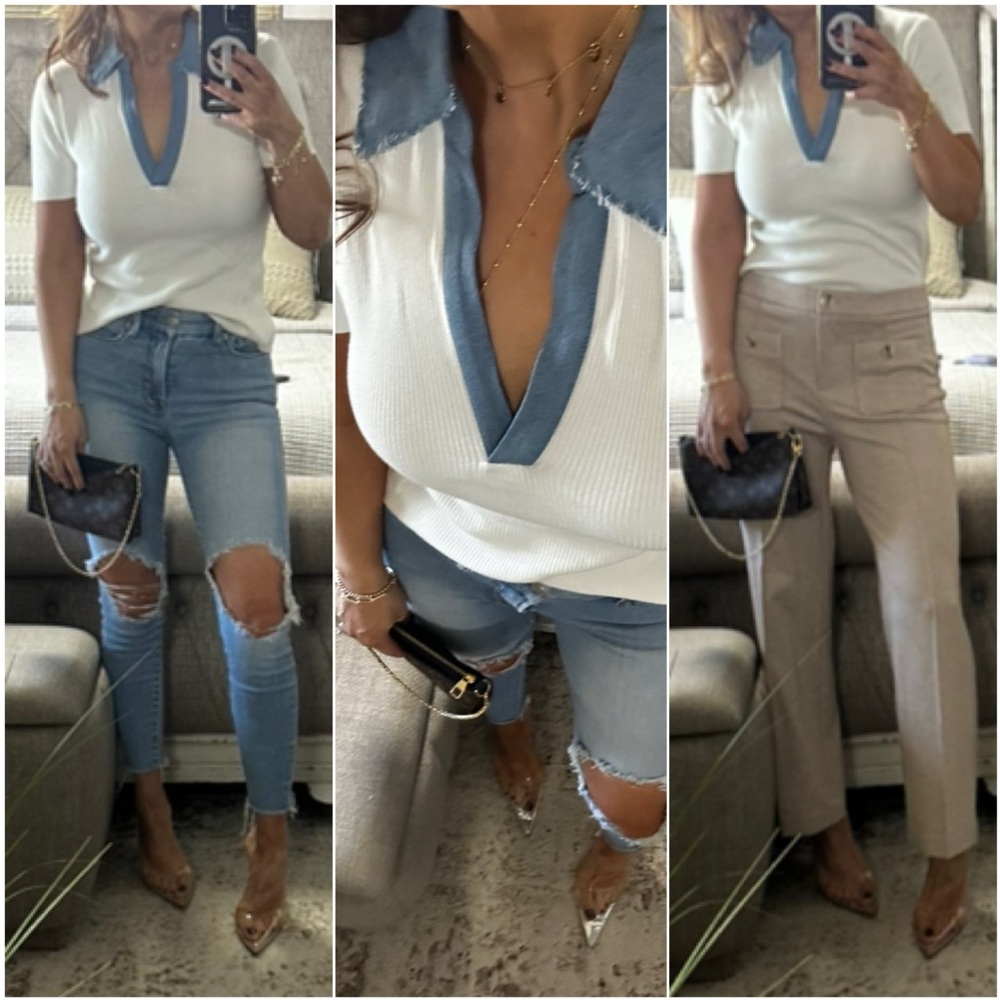 New💕Blue collared Top with Distressed Details